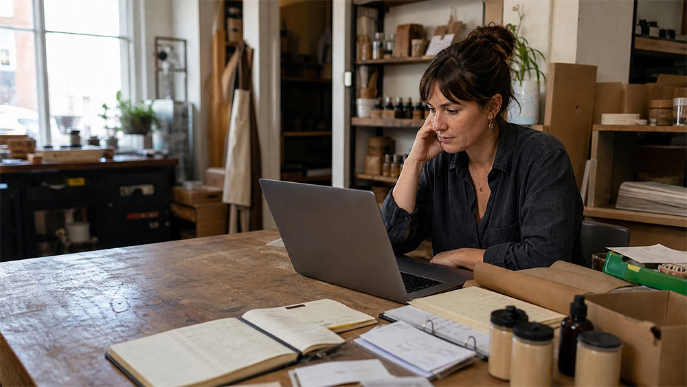 Business owner reviewing her website at a laptop in a small independent clothing boutique.