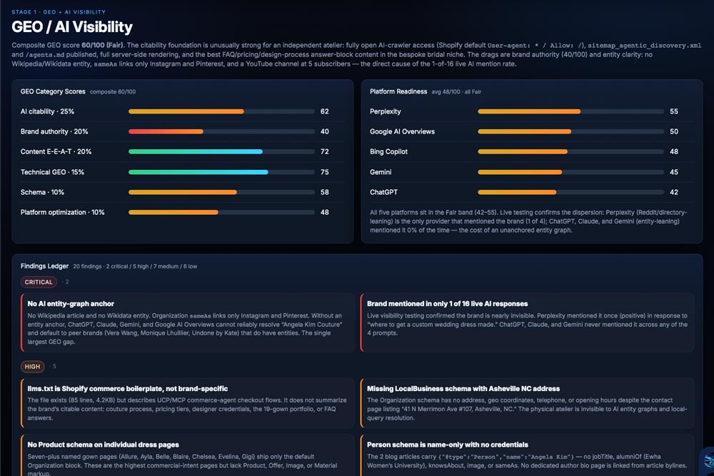 Example custom GEO and AI visibility dashboard showing citability, brand authority, technical SEO, schema, platform readiness, and a prioritized findings ledger.