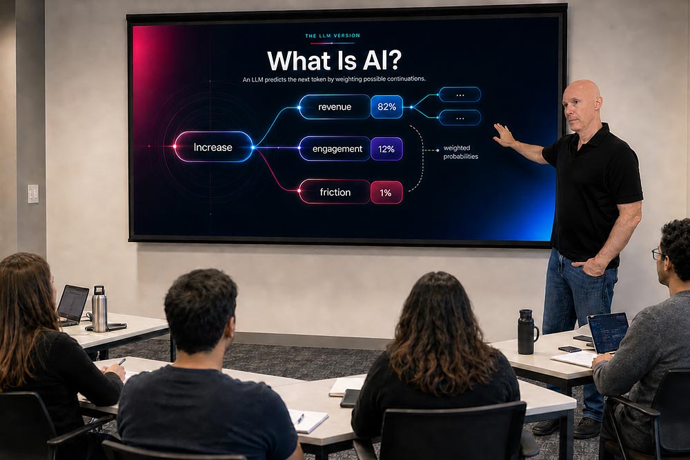 Jeff Bullock teaching an AI workshop to a small group in a conference room.